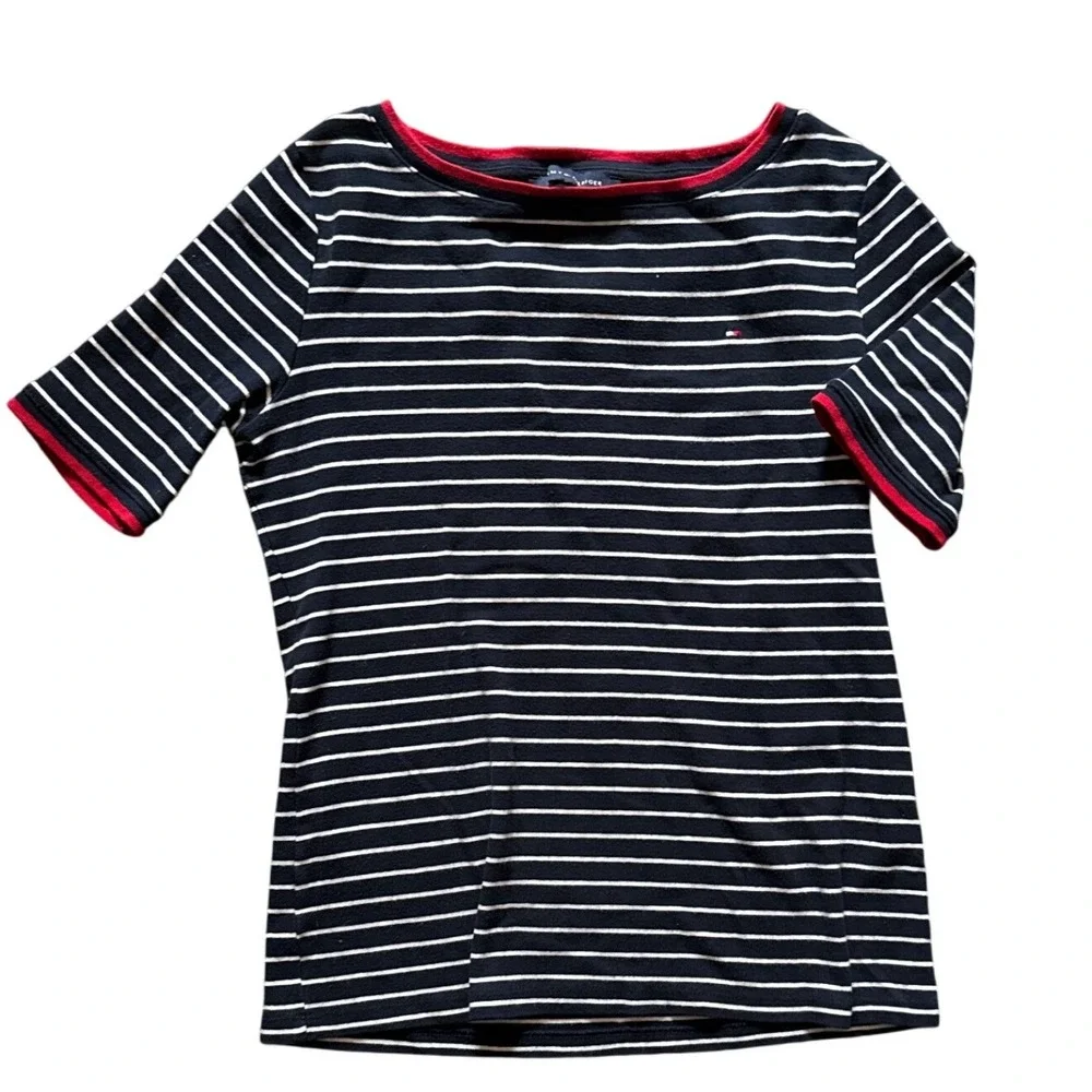 Tommy‎ Hilfiger Womens Striped T-Shirt Top Nautical Red Trim Short Sleeve Preppy